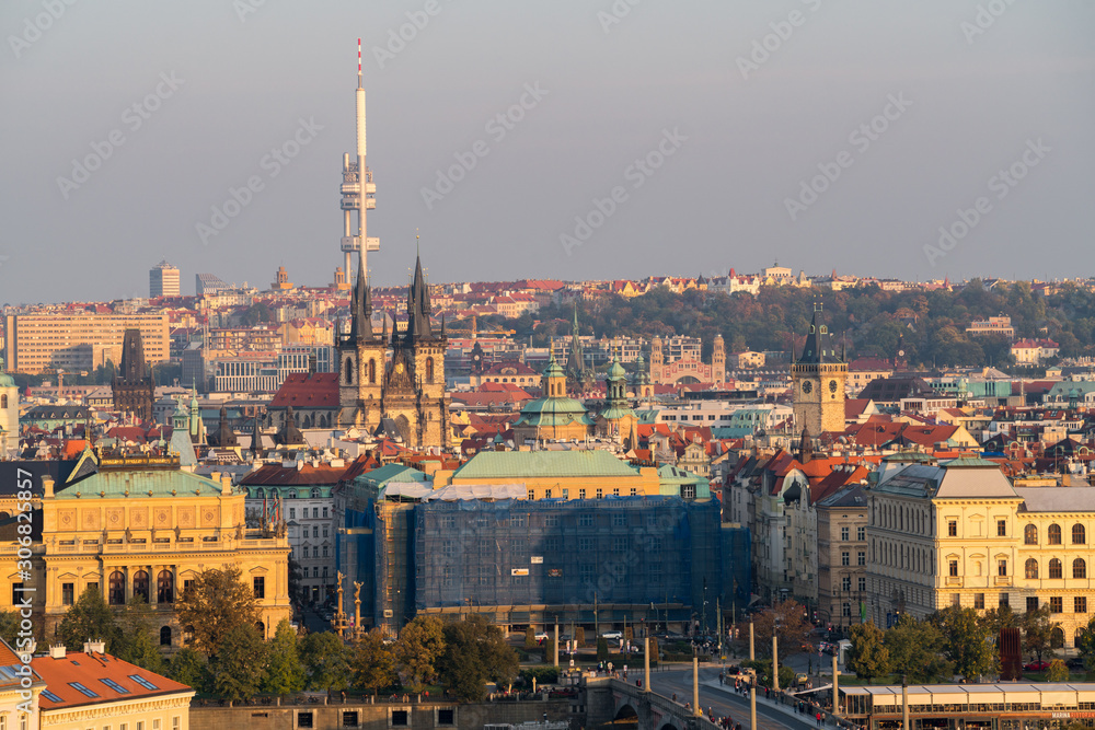 Top view of old town, red roofs and ancient building of Church of Mother of God before Tyn, skyline in Prague,Czech republic