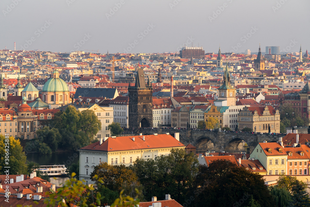 Top view of old town, ancient building of Charles Bridge and tower, skyline in Prague,Czech republic