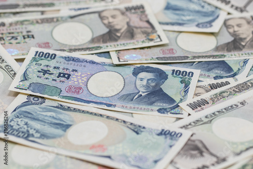 Many of the Japanese yen bank notes currency.Japanese yen notes. Currency of Japan.money of japan.Pile of various currencies isolated on white background.