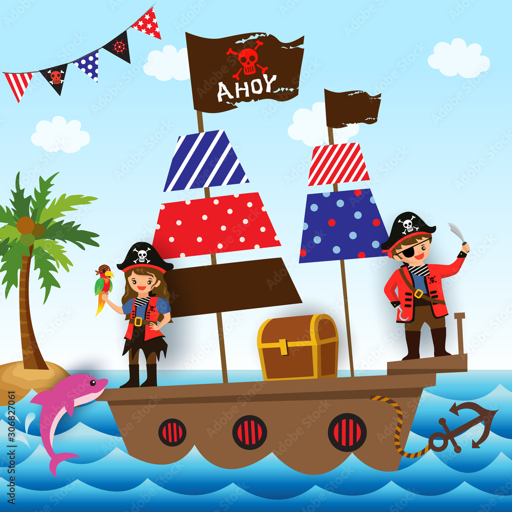 Illustration vector of Pirate ship with boy and girl on the ocean. Illustration vector of Pirate ship with boy and girl on the ocean.