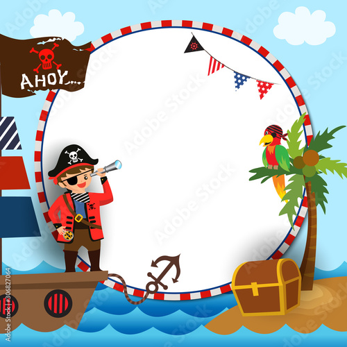 Photography Pirate boy on ship and parrot with frame.