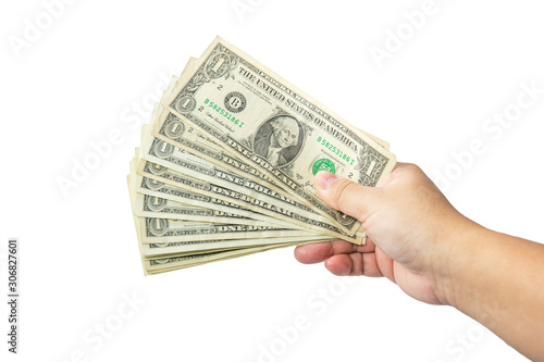 Dollor Money in hand, isolated on white background. dollar currency of USA. american banknotes. currency scattered in hand. Money hundred dollars.US currency banknotes. Many dollor banknote.