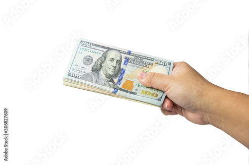 Dollor Money in hand, isolated on white background. dollar currency of USA. american banknotes. currency scattered in hand. Money hundred dollars.US currency banknotes. Many dollor banknote.