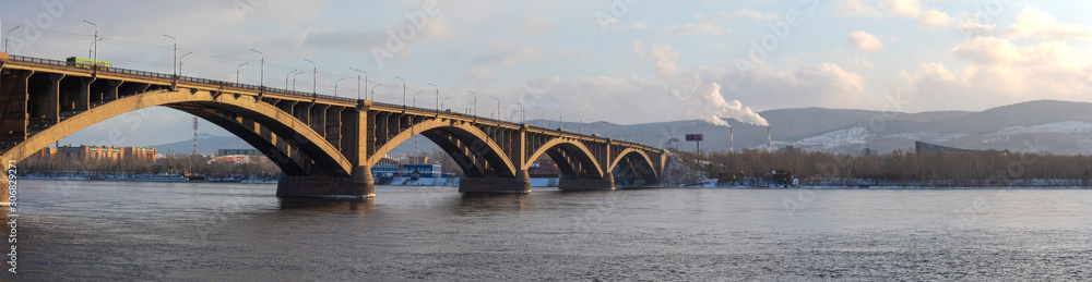 city winter landscape, bridge, river, mountains city winter landscape, bridge, river, mountains