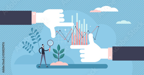 Big picture vector illustration. Statistics overview in tiny person concept photo