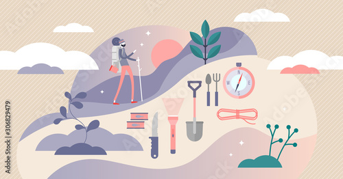 Survival kit vector illustration. Outdoors camping in tiny persons concept.