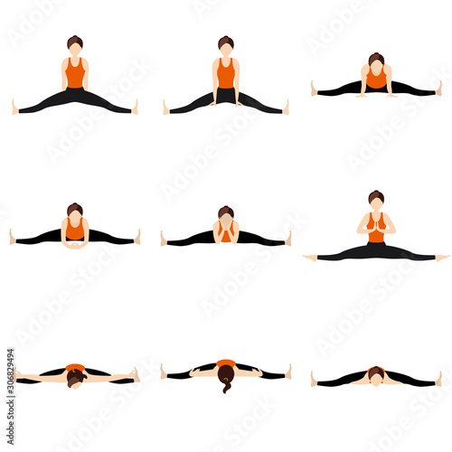 Wide angle seated forward bend yoga asanas set/ Illustration stylized woman practicing upavistha konasana variations
