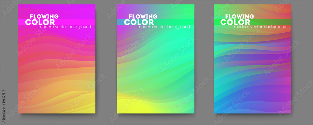 Set of posters with abstract flowing pattern. Modern background with colorful gradient lines. Wavering liquid shape. Flow of color ink. Vector illustration EPS10