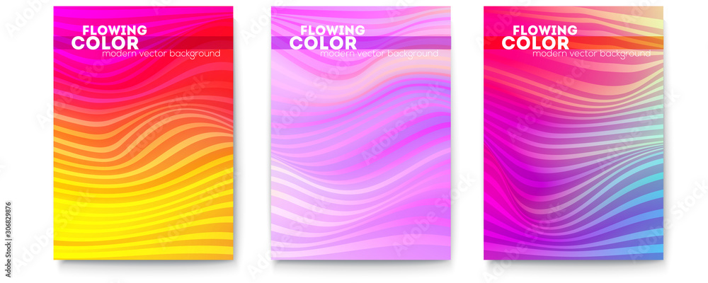 Set of posters with abstract smoothly pattern from strips. Transitions of gradient of colorful liquid shape. Modern background with stream of color ink. Vector illustration EPS10.