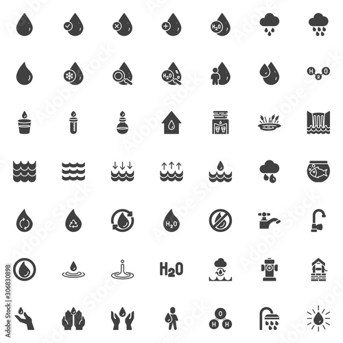 Water vector icons set, modern solid symbol collection, filled style pictogram pack. Signs, logo illustration. Set includes icons as water cycle, fire hydrant, H2O formula, laboratory glass, raindrops