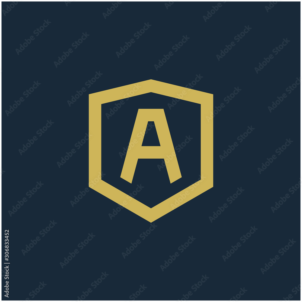 initial Letter A with Shield frame line art element. Shield Line geometry for Security logo. Logo Icon Template for Web and Business Card, Letter Logo Template on Black Background. - vector initial Letter A with Shield frame line art element. Shield Line geometry for Security logo. Logo Icon Template for Web and Business Card, Letter Logo Template on Black Background. - vector