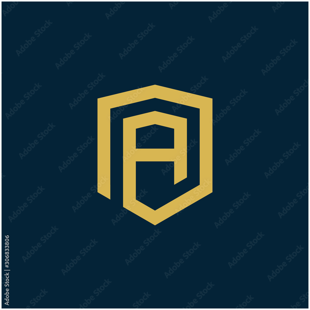 initial Letter A with Shield frame line art element. Shield Line geometry for Security logo. Logo Icon Template for Web and Business Card, Letter Logo Template on Black Background. - vector initial Letter A with Shield frame line art element. Shield Line geometry for Security logo. Logo Icon Template for Web and Business Card, Letter Logo Template on Black Background. - vector