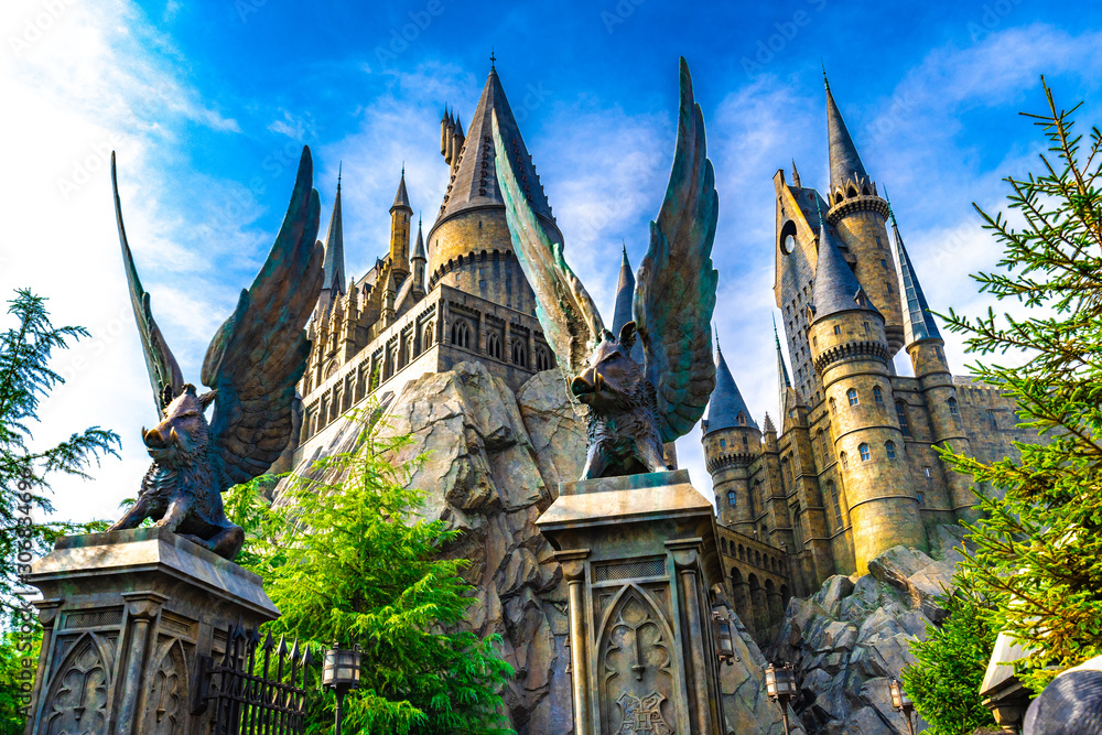 OSAKA, JAPAN AUGUST 10, 2019 Photo of Hogwarts Castle. The Wizarding World of Harry Potter in