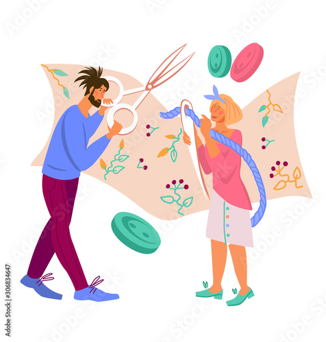 Sewing and tailoring, needlework and crafting - banner with people cartoon characters working in atelier or sewing workshop. Fashion clothing tailors and dressmakers, designers at work.