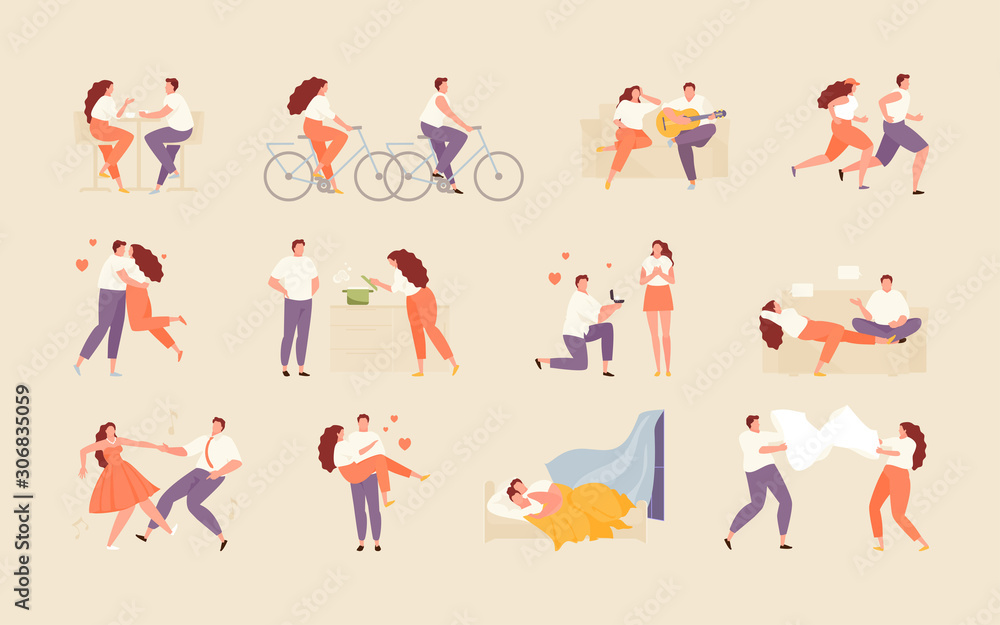 Collection of a couple in love in various situations. Set for Valentine s Day. Vector illustration