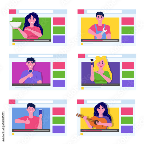 Video blogger, Video tutorials, web vlog,  blog online concept. People On Internet Video.  Tuber character. Vector illustration.