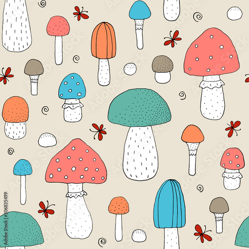Seamless texture with forest mushrooms and hand drawn elements