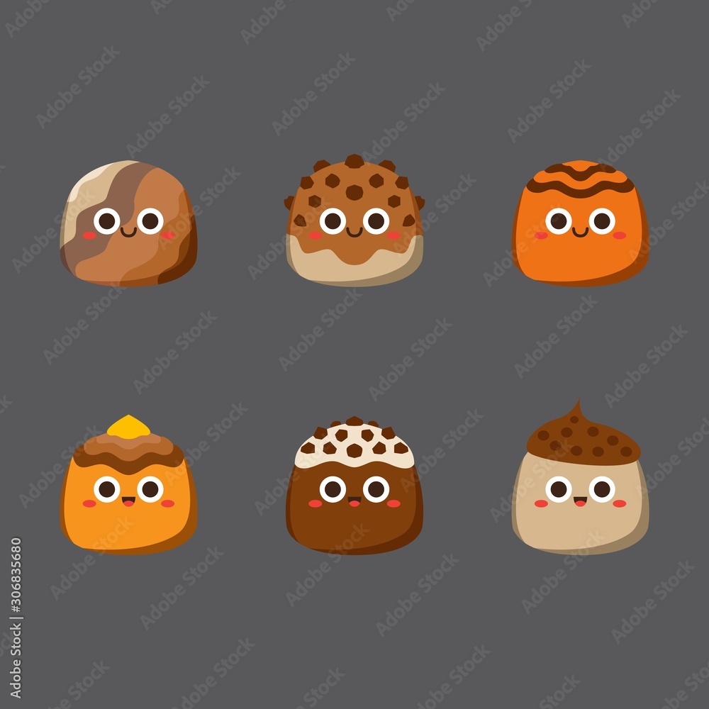 Chocolate cute candies, Flat Character, Vector illustration of different shapes and kinds of chocolate candies. Chocolate cute candies, Flat Character, Vector illustration of different shapes and kinds of chocolate candies.