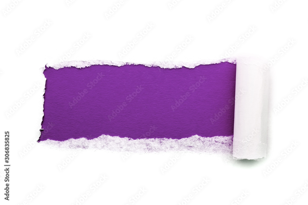 Obraz premium A hole in white paper with torn edges isolated on a white background with a bright violet color paper background inside. Good sharp paper texture.