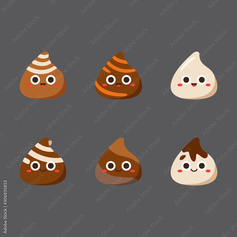 Chocolate cute candies, Flat Character, Vector illustration of different shapes and kinds of chocolate candies. Chocolate cute candies, Flat Character, Vector illustration of different shapes and kinds of chocolate candies.