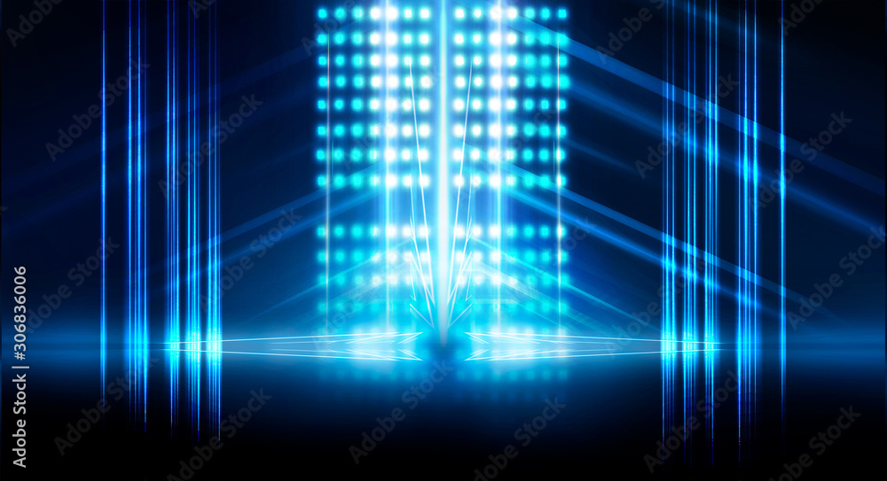 Dark empty scene, neon. Abstract futuristic background. Searchlight light, wet asphalt, smoke, night view, rays. Dark empty scene, neon. Abstract futuristic background. Searchlight light, wet asphalt, smoke, night view, rays.