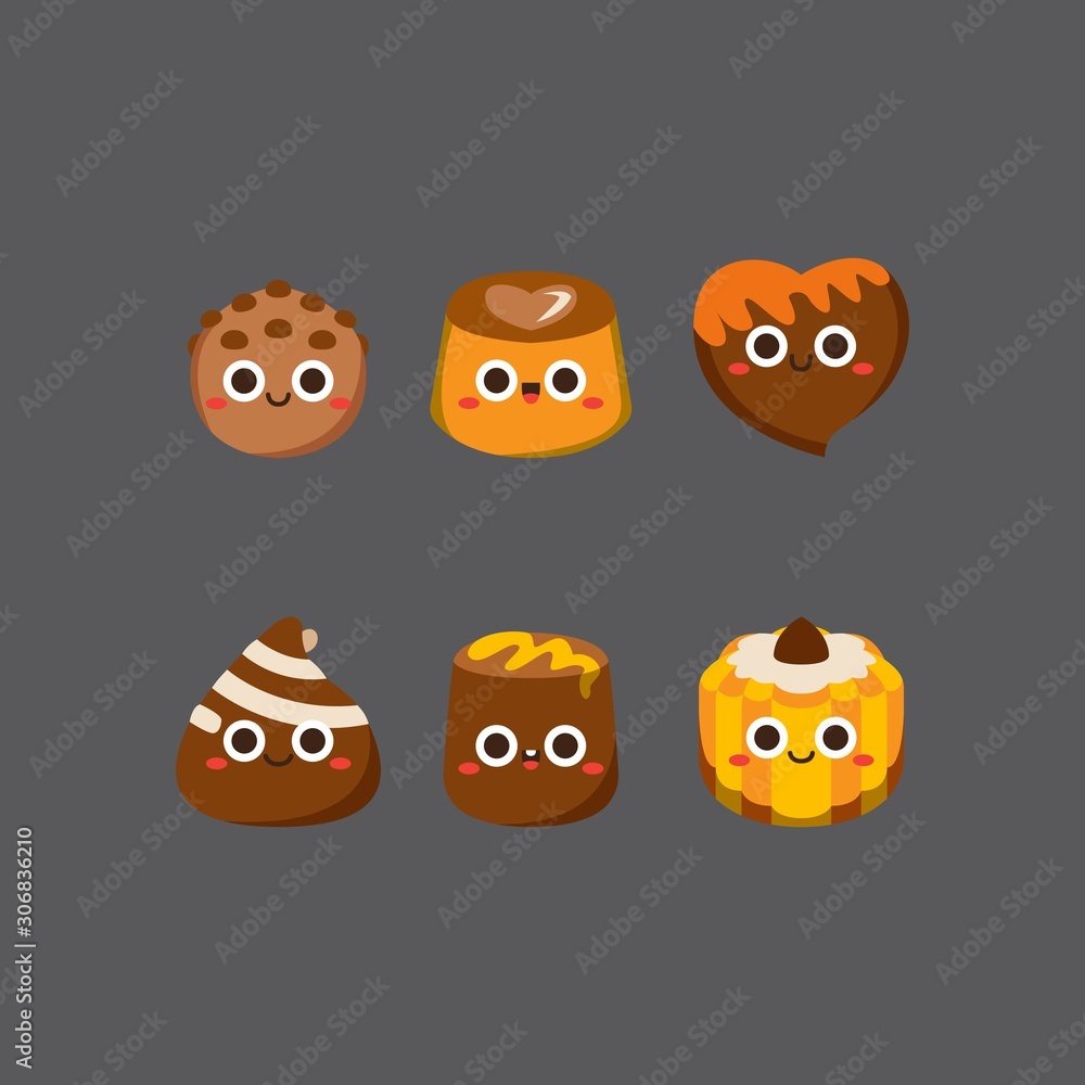 Chocolate cute candies, Flat Character, Vector illustration of different shapes and kinds of chocolate candies. Chocolate cute candies, Flat Character, Vector illustration of different shapes and kinds of chocolate candies.