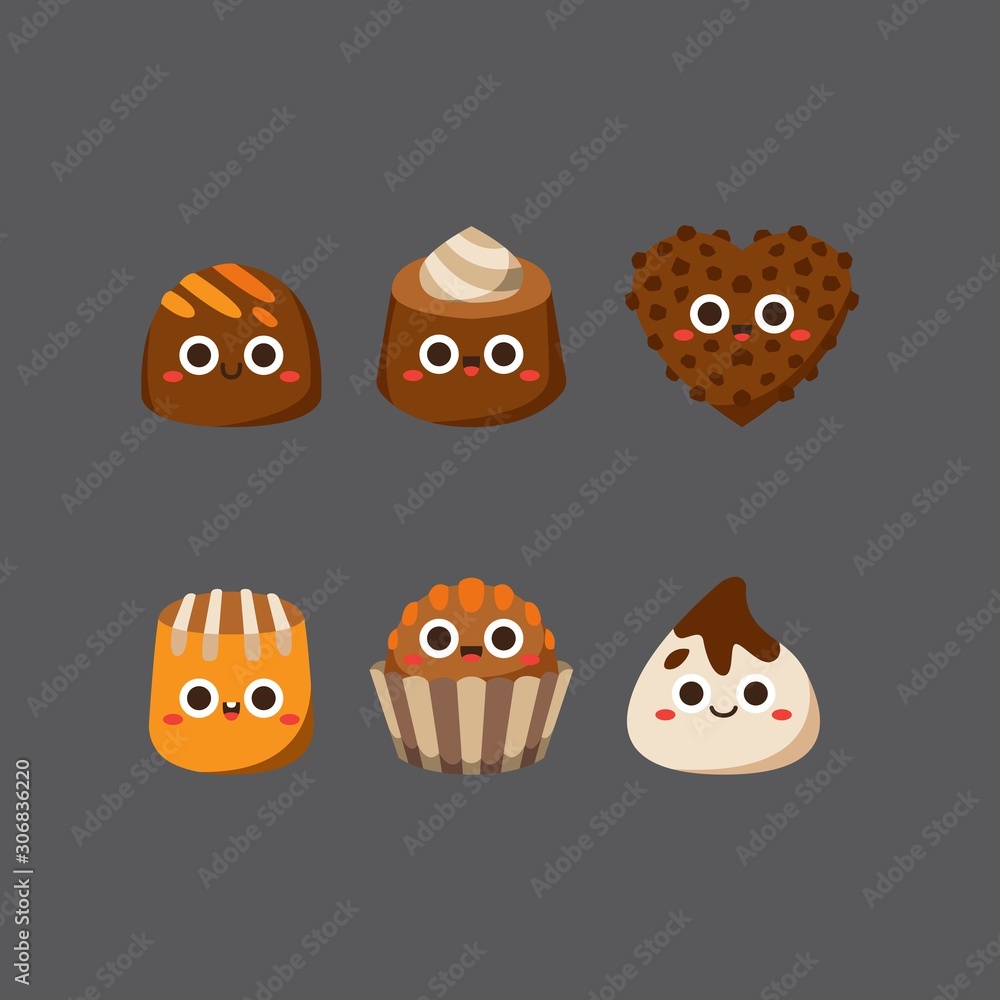 Chocolate cute candies, Flat Character, Vector illustration of different shapes and kinds of chocolate candies. Chocolate cute candies, Flat Character, Vector illustration of different shapes and kinds of chocolate candies.