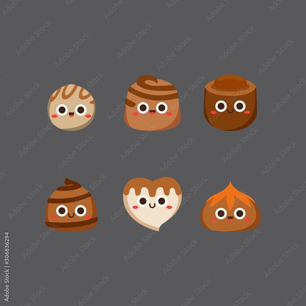 Fototapeta premium Chocolate cute candies, Flat Character, Vector illustration of different shapes and kinds of chocolate candies. 