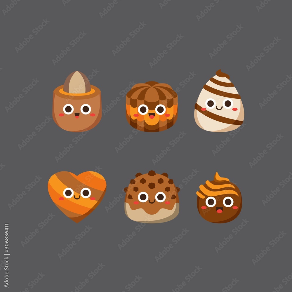 Chocolate cute candies, Flat Character, Vector illustration of different shapes and kinds of chocolate candies. Chocolate cute candies, Flat Character, Vector illustration of different shapes and kinds of chocolate candies.
