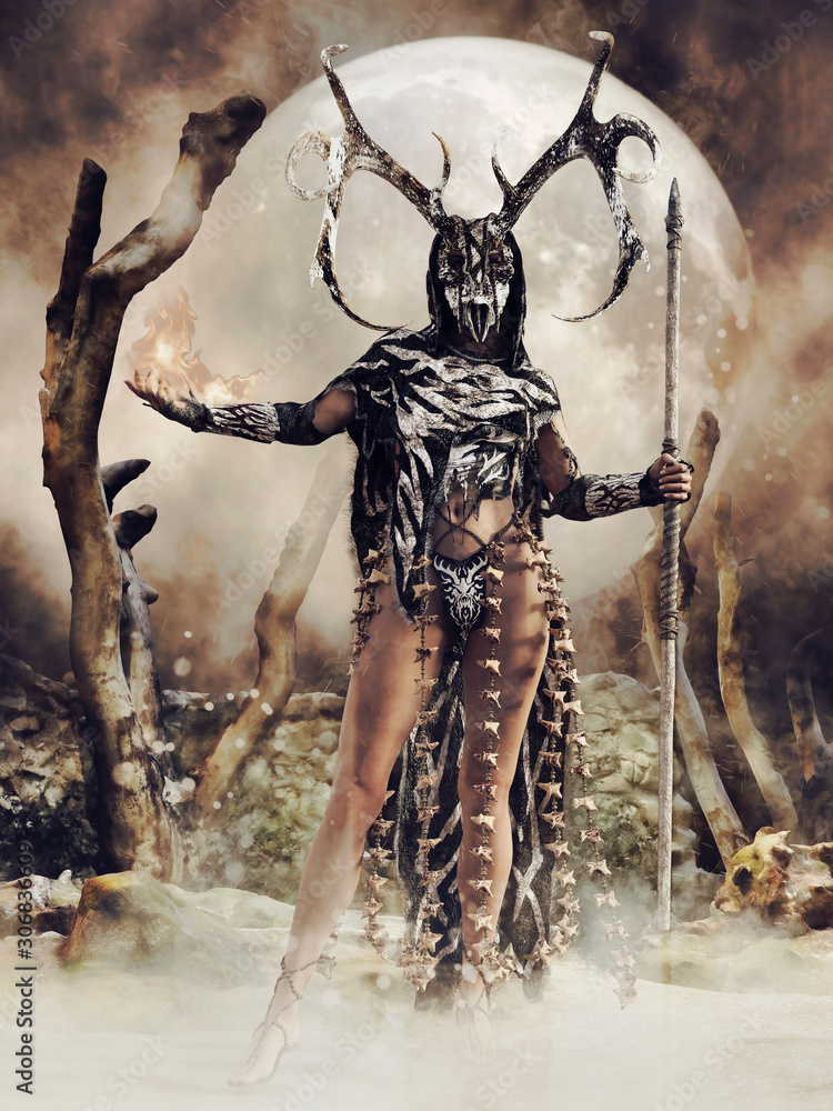 Fantasy female shaman with a skull mask of a deer holding fire in her hand,  standing