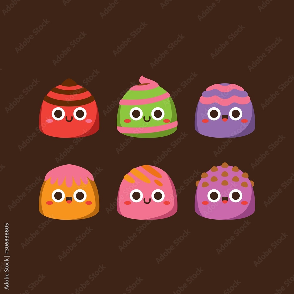 Cute pastel candies Flat Character ,Vector illustration of different shapes and kinds of chocolate candies. 