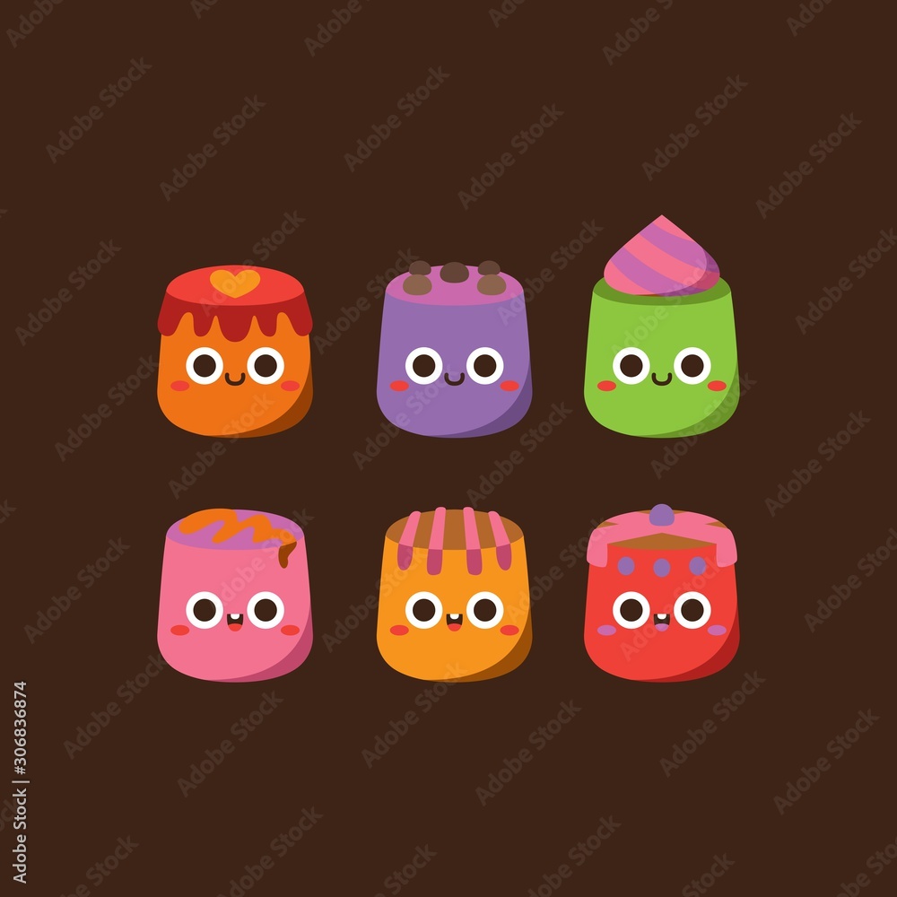 Cute pastel candies Flat Character ,Vector illustration of different shapes and kinds of chocolate candies. 