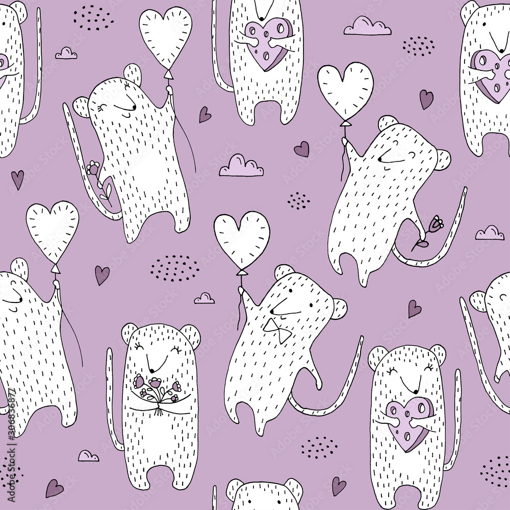 Seamless texture with rats, hearts and hand drawn elements.