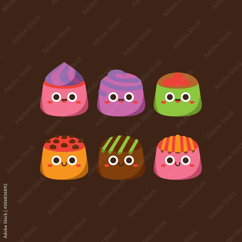 Obraz premium Cute pastel candies Flat Character ,Vector illustration of different shapes and kinds of chocolate candies. 