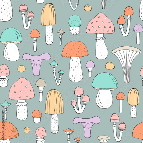 Seamless texture with forest mushrooms and hand drawn elements