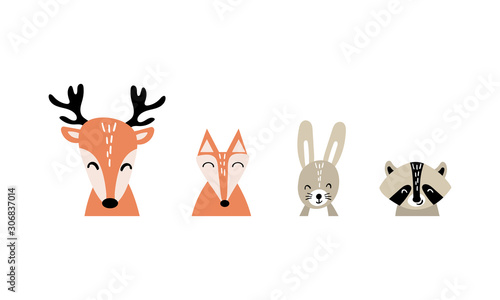 Set of cute cartoon woodland animals faces in minimalistic scandinavian style. Flat vector illustration.