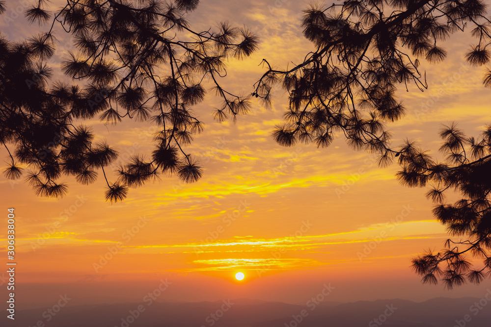 Beautiful sunrise overlooking mountain landscape on the Mon Sone View point , Doi Pha Hom Pok National Park in Chiang Mai, Thailand.