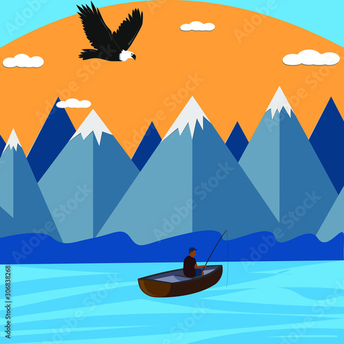 Fisherman on the background of nature, mountains, sun, clouds, flying eagle, illustration made in flat style, vector