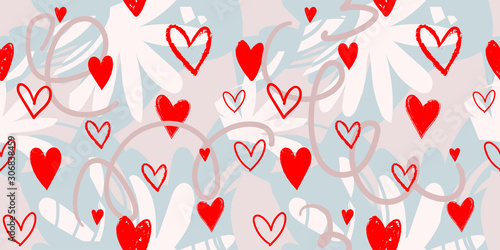 Modern seamless pink, blue and red pattern with hearts for wedding, Valentine s day, birthday. Love. Decoration for postcards, romantic dates, fabrics, hobbies. Flat stock vector design
