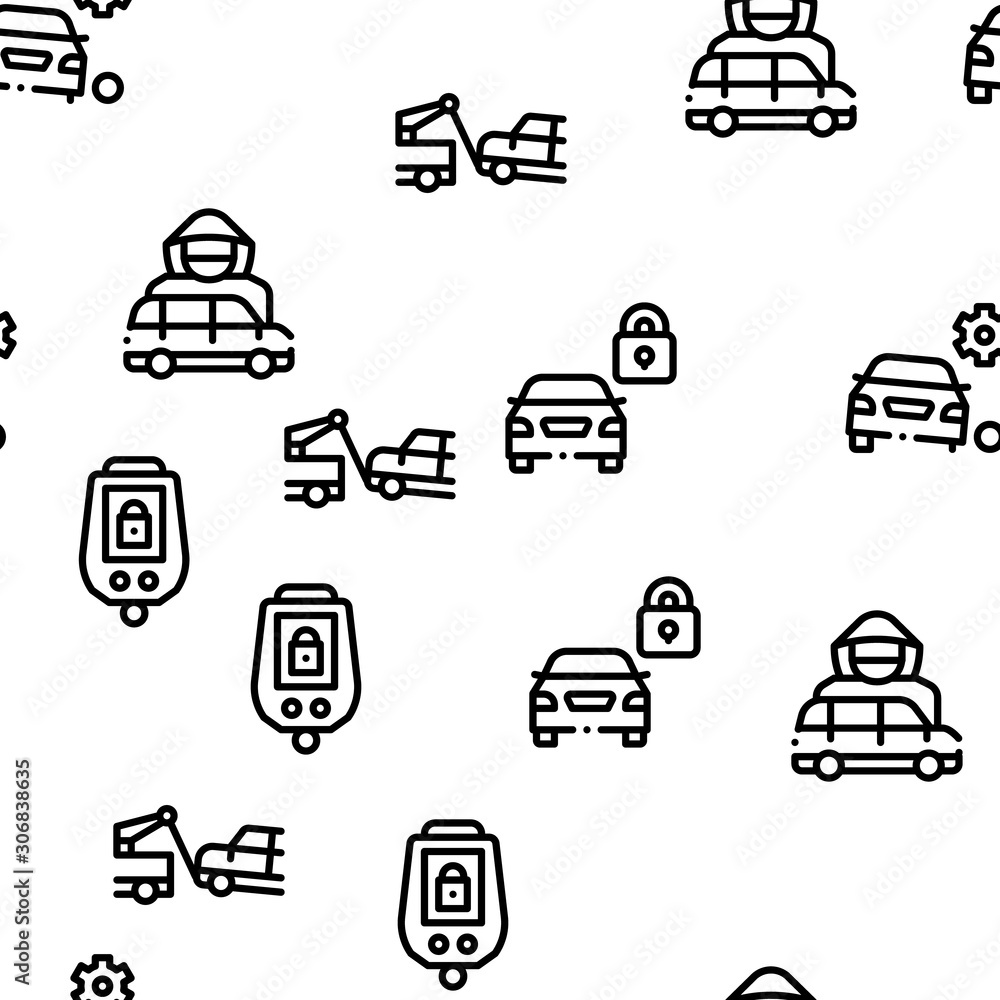 Car Theft Seamless Pattern Vector Thin Line. Illustrations Car Theft Seamless Pattern Vector Thin Line. Illustrations