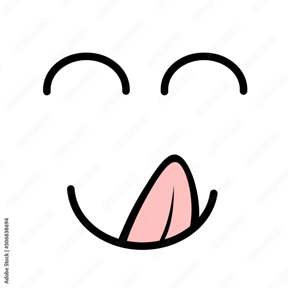Yummy smile. Delicious, tasty eating emoji face eat with mouth and tongue  gourmet enjoying taste. Funny hungry yummy tasting food mood logo line  yellow vector isolated icon Stock Vector | Adobe Stock