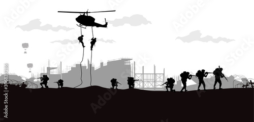 Military vector illustration, Army background, soldiers silhouettes.	