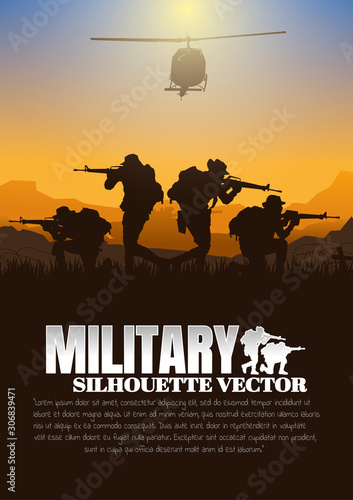 Military vector illustration, Army background, soldiers silhouettes.	