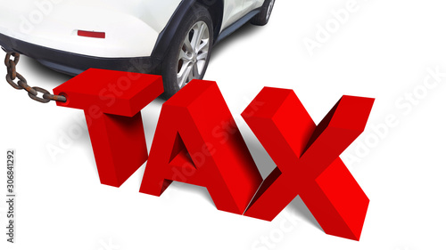 Modern car attached to tax word sign by metallic chain isolated on white background. Closeup view of vehicle and road block. Copy space mixed media design template. 3d illustration