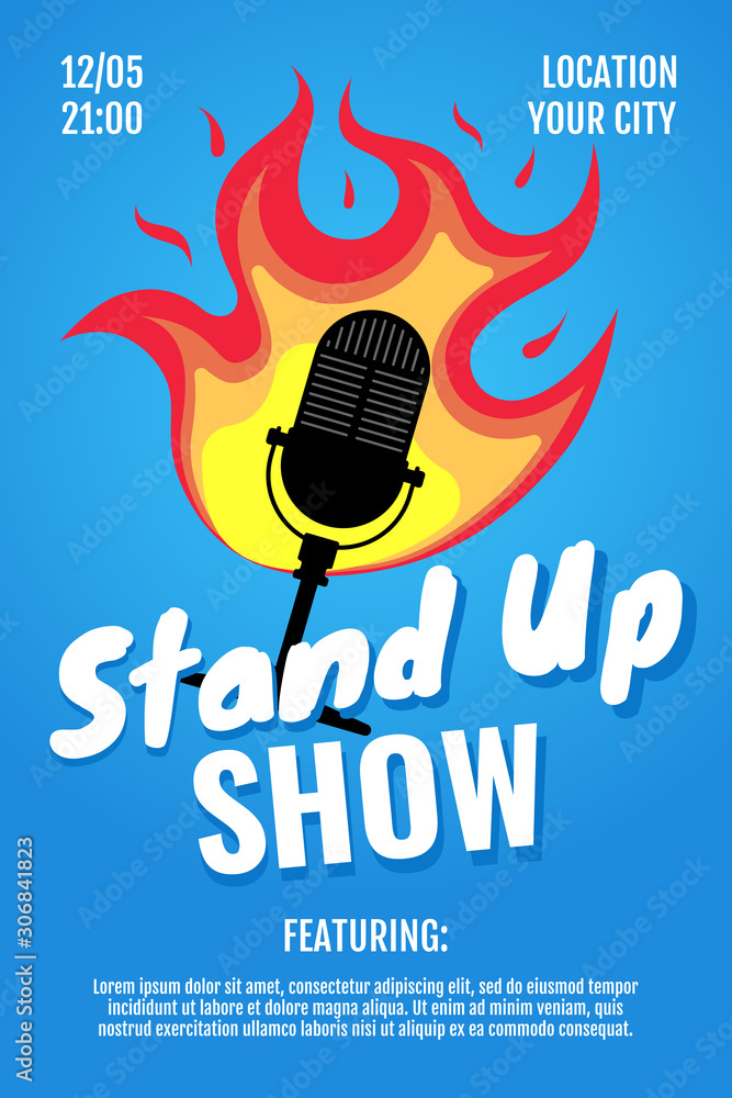 Stand up comedy night live show A3 A4 poster design template. Standup  microphone with fire on blue background. Hot jokes roast concept flyer.  Vector open mic event illustration Stock Vector | Adobe