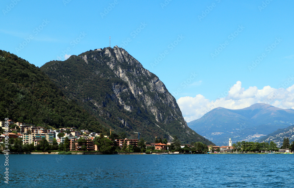 Panorama view of Lugano Lake, Switzerland. 