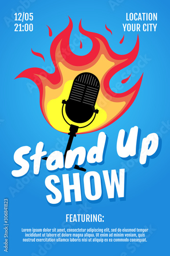Stand up comedy night live show A3 A4 poster design template. Standup microphone with fire on blue background. Hot jokes roast concept flyer. Vector open mic event illustration