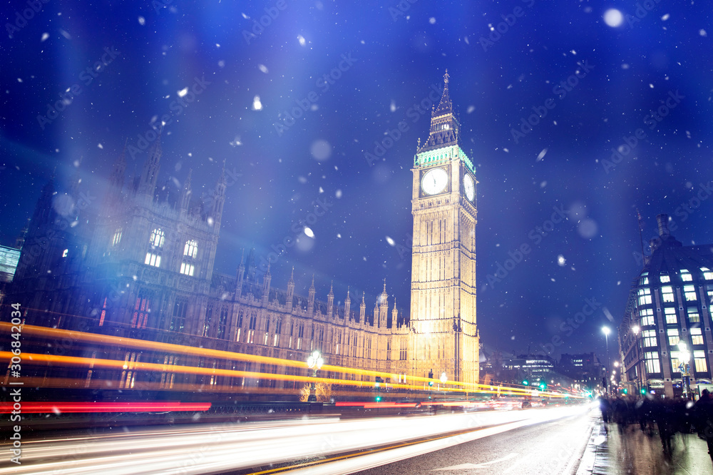 Snowfall in London at winter.