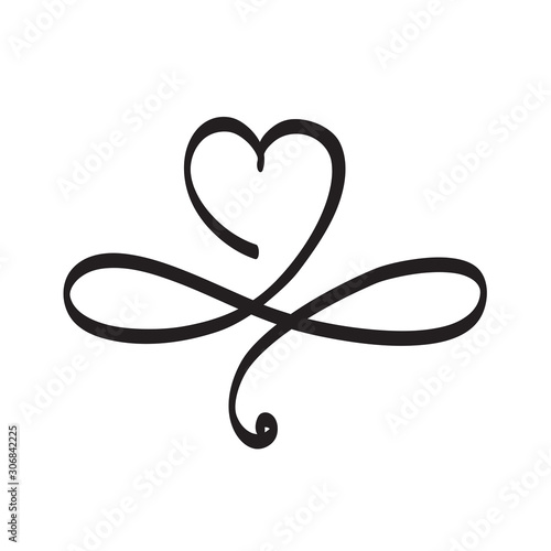 Love heart In the sign of infinity. Sign on postcard to Valentines day, wedding print. Vector calligraphy and lettering illustration isolated on a white background
