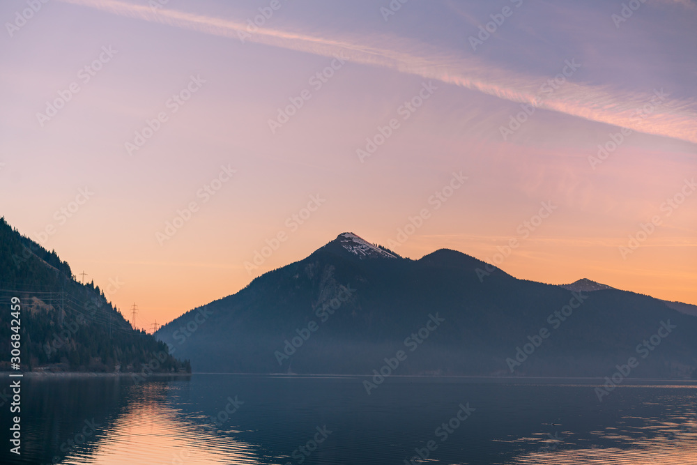 Beautiful morning landscape and colorful sunrise in the Alpine mountains Germany, Bavaria, on Lake Walchensee ...